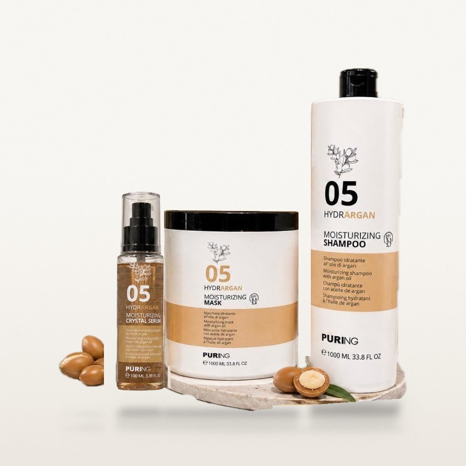 Coffret hydratation 05 grand format : sérum 100 ml, pot de masque 1000 ml et flacon de shampooing 1000 ml