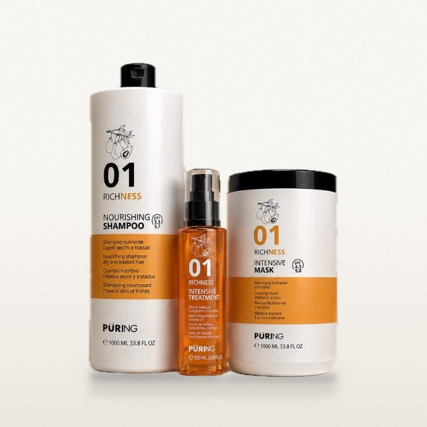 Coffret nutrition 01 grand format : flacon de shampooing 1000 ml, flacon d'huile 100 ml et pot de masque 1000 ml
